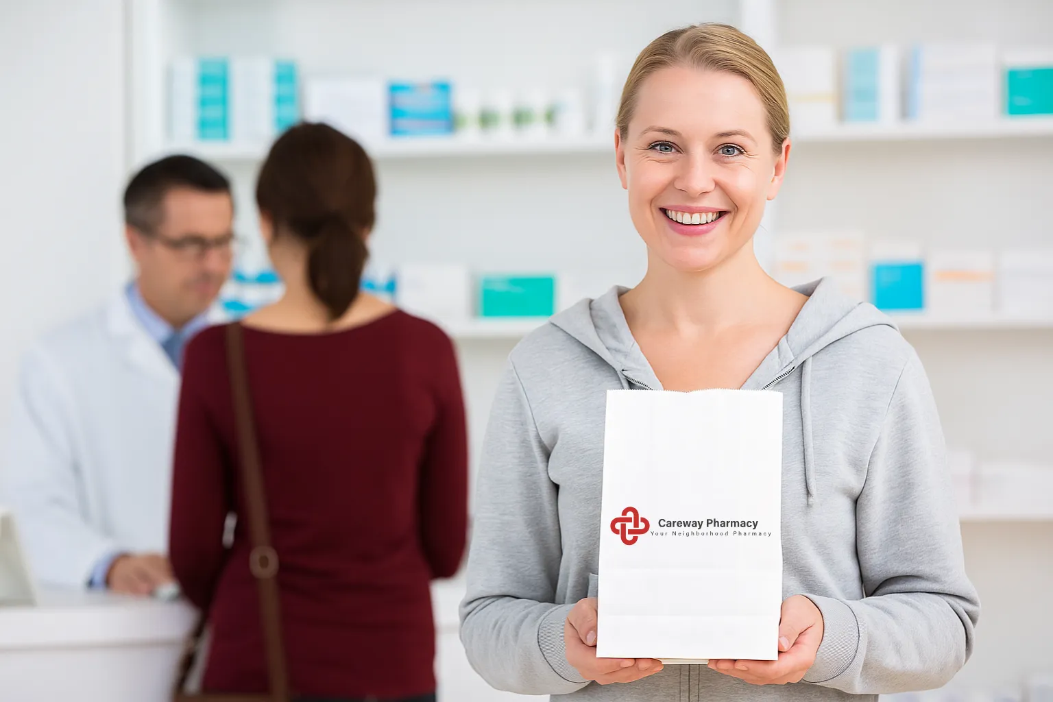 Pharmacy staff assisting a patient with medication